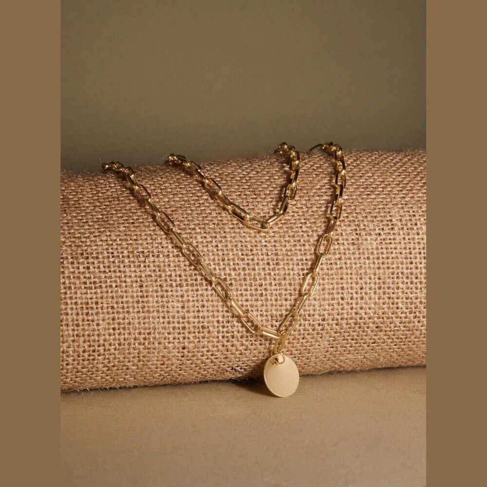 Gold Paperclip Chain Round Disc Pendant Layered Necklace